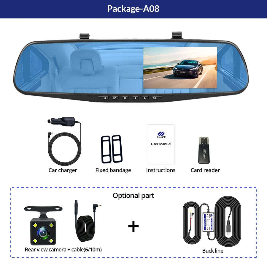 Dash Cam 4.3 Inch "Mini Rear-View Mirror Digital Dashcam, Front and Rear Dual Cameras IPS Front and Rear Camera Registrar Black