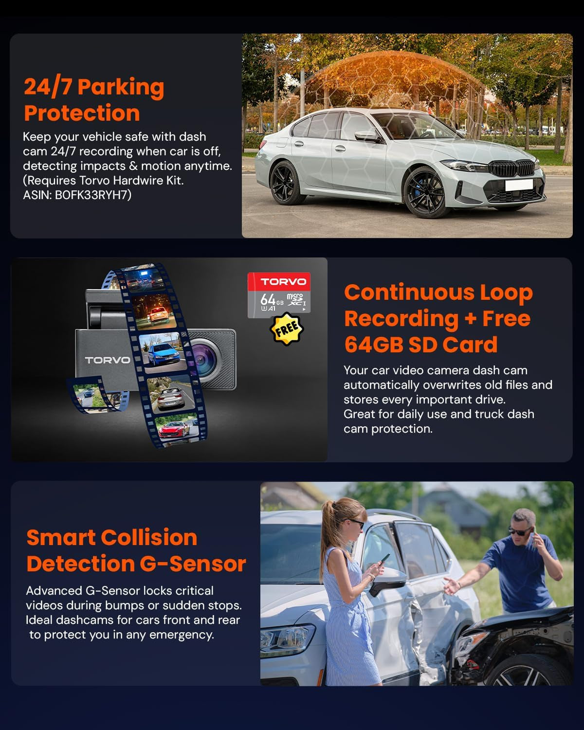 TORVO TD3 4K+2K Dash Cam with App, Camera for Car Front and Back with 5G Wifi & GPS, Free 64GB Card, Night Vision Dashcam Front Cameras 24/7 Recording When Car Is Off, Security Camera for Cars