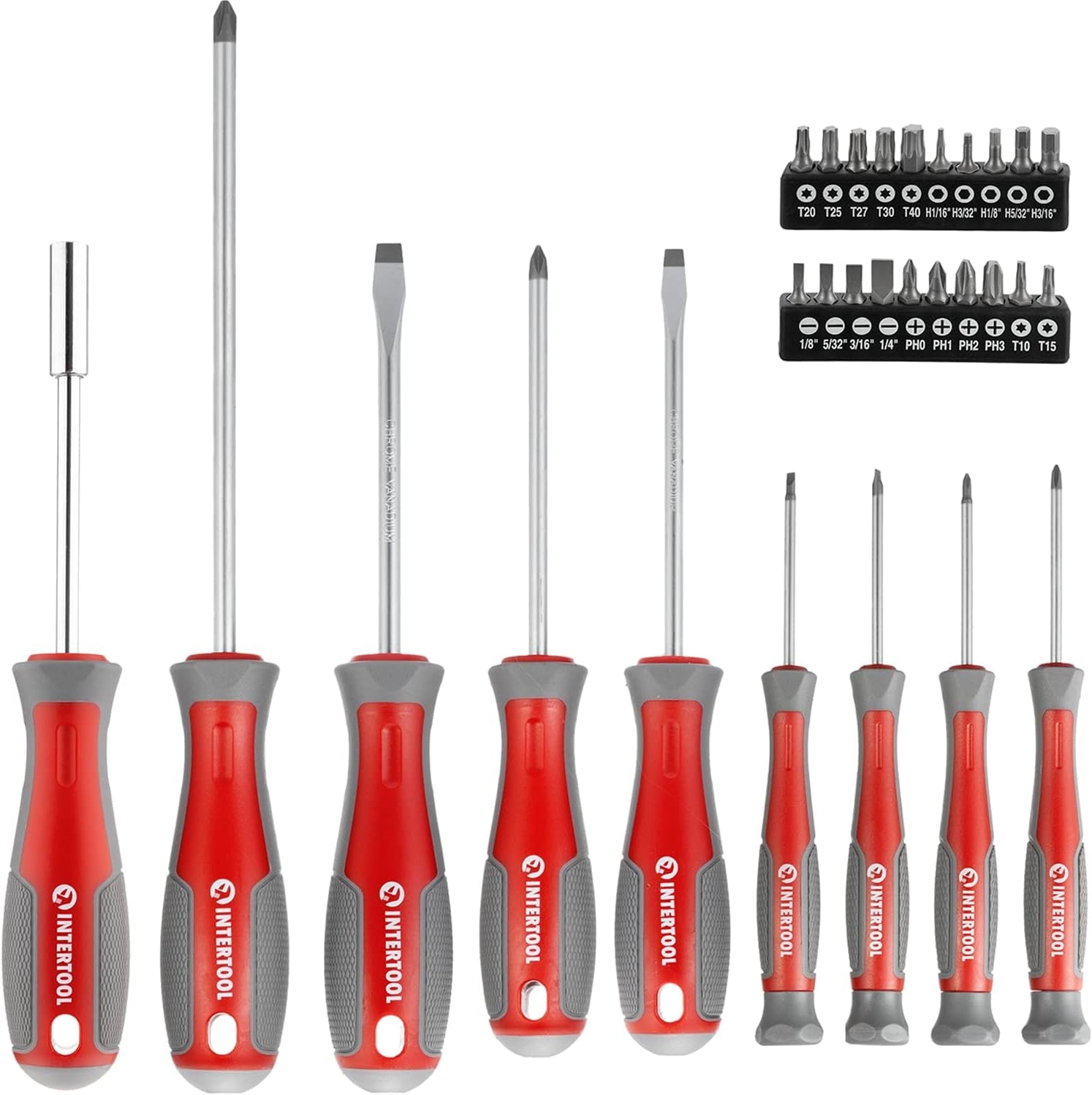 INTERTOOL Magnetic Screwdriver & Precision Driver Set - Cr-V Steel with Cushion Grip Handles - Phillips, Flat Head, Torx, Hex Bits Included - VT08-3329