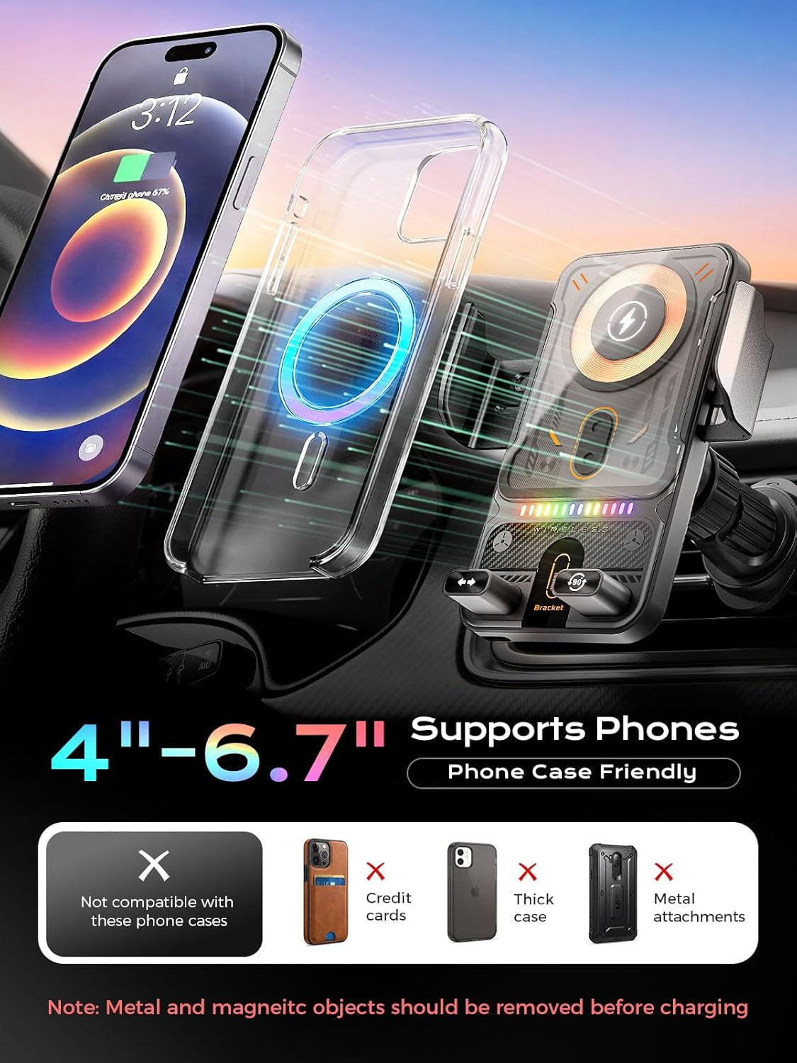 Phone Holders for Car, Cell Phone Mount 15W Wireless Car Charger with Induction Opening and Closing Air Vent Phone Stand with Smart Screen Rotation for Car Truck Accessories Iphone Samsung