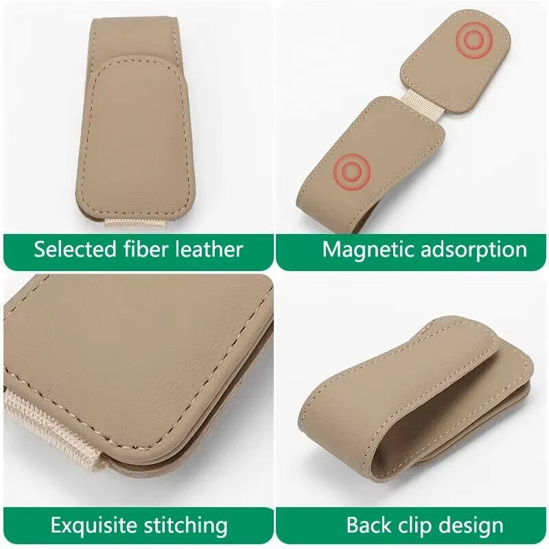Premium Universal Car Sun Visor Eyeglass Hanger Clip - Magnetic Leather Glasses Holder & Multi-Function Storage Solution