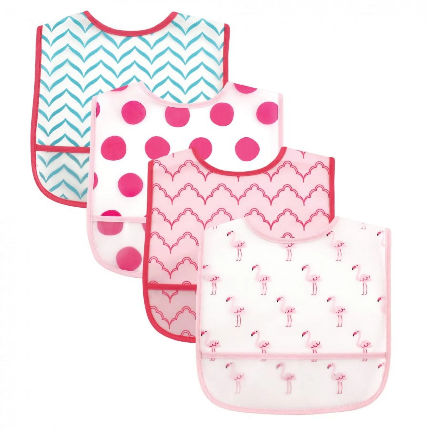 Luvable Friends Baby Girl Waterproof PEVA Bibs 4Pk, Flamingo, One Size