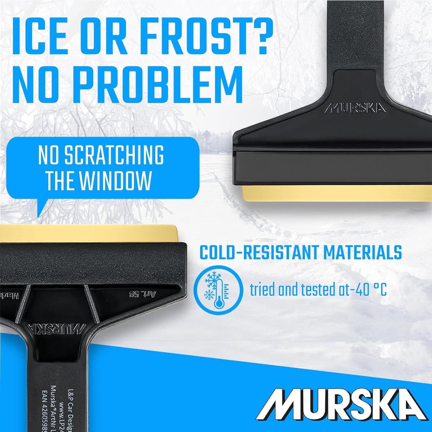 Premium Long Handle Brass Ice Scraper - 14.5 Inch Snow Removal Tool for Cars - Original Murska from Europe (L&P A055 Black Gray)
