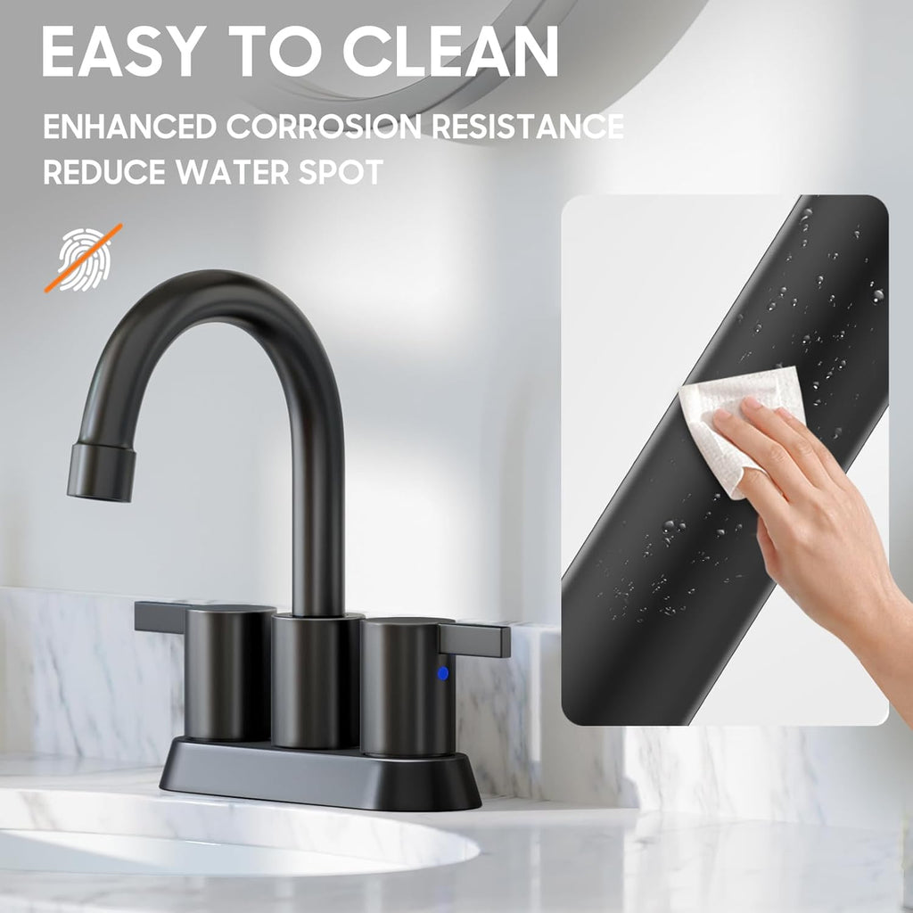 Modern Matte Black 4-Inch Bathroom Faucet with 360° Swivel Spout, Pop-Up Drain & Water Supply Lines - Phiestina Bf015-1-Mb