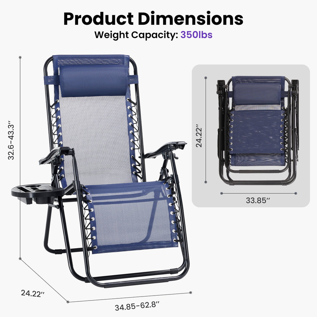2PCS Zero Gravity Patio Recliner, Textilene Folding Lounge with Adjustable Pillow & Cup Tray, Blue