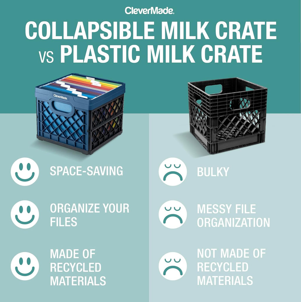 Clevermade Heavy Duty Collapsible Milk Crate - 25L (6.6 Gal) Stackable Storage Solution with File Rails - Obsidian Color