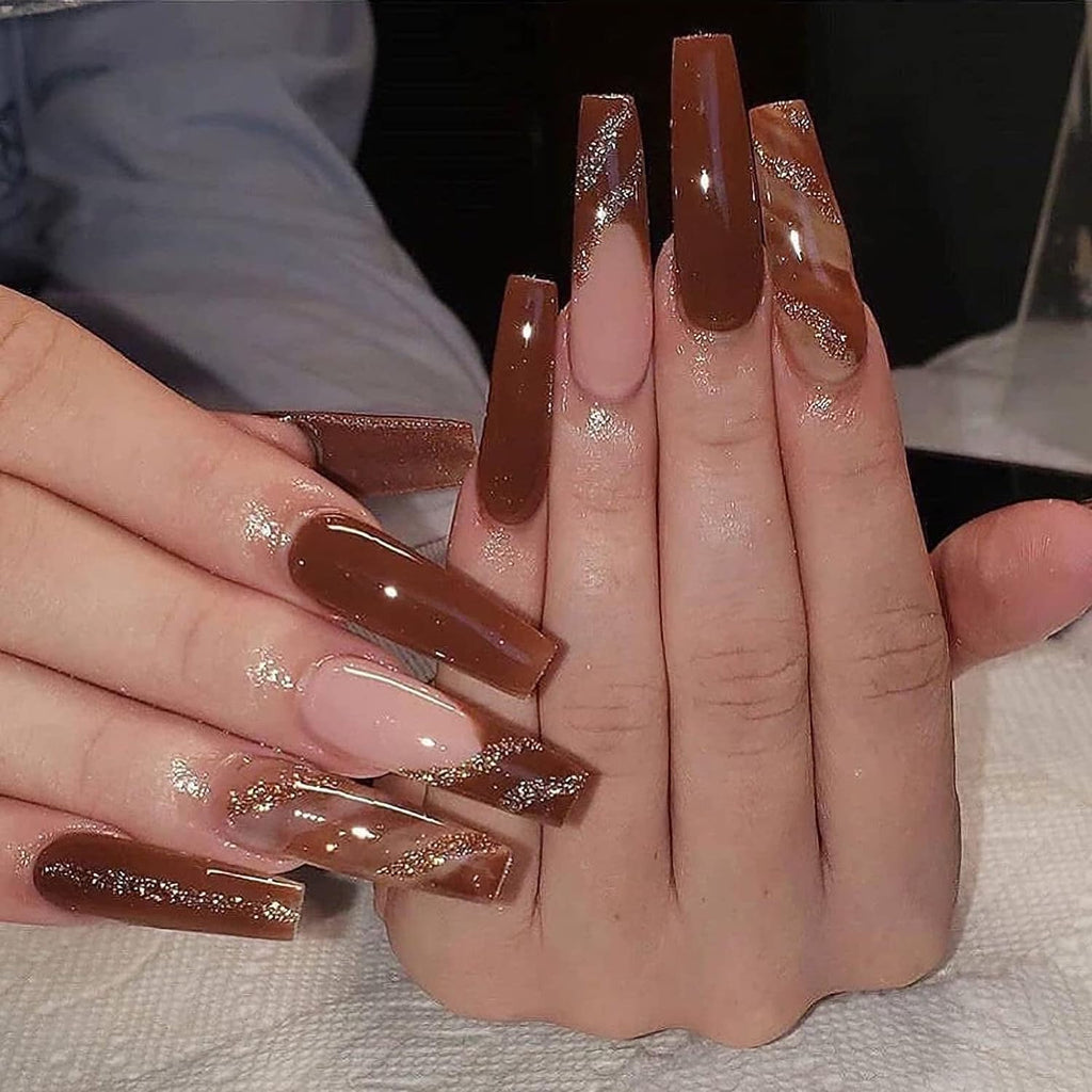 BABALAL Long Coffin Press-On Nails - 24Pcs Brown Fall Acrylic with Bling Glossy Finish for Stunning Manicure