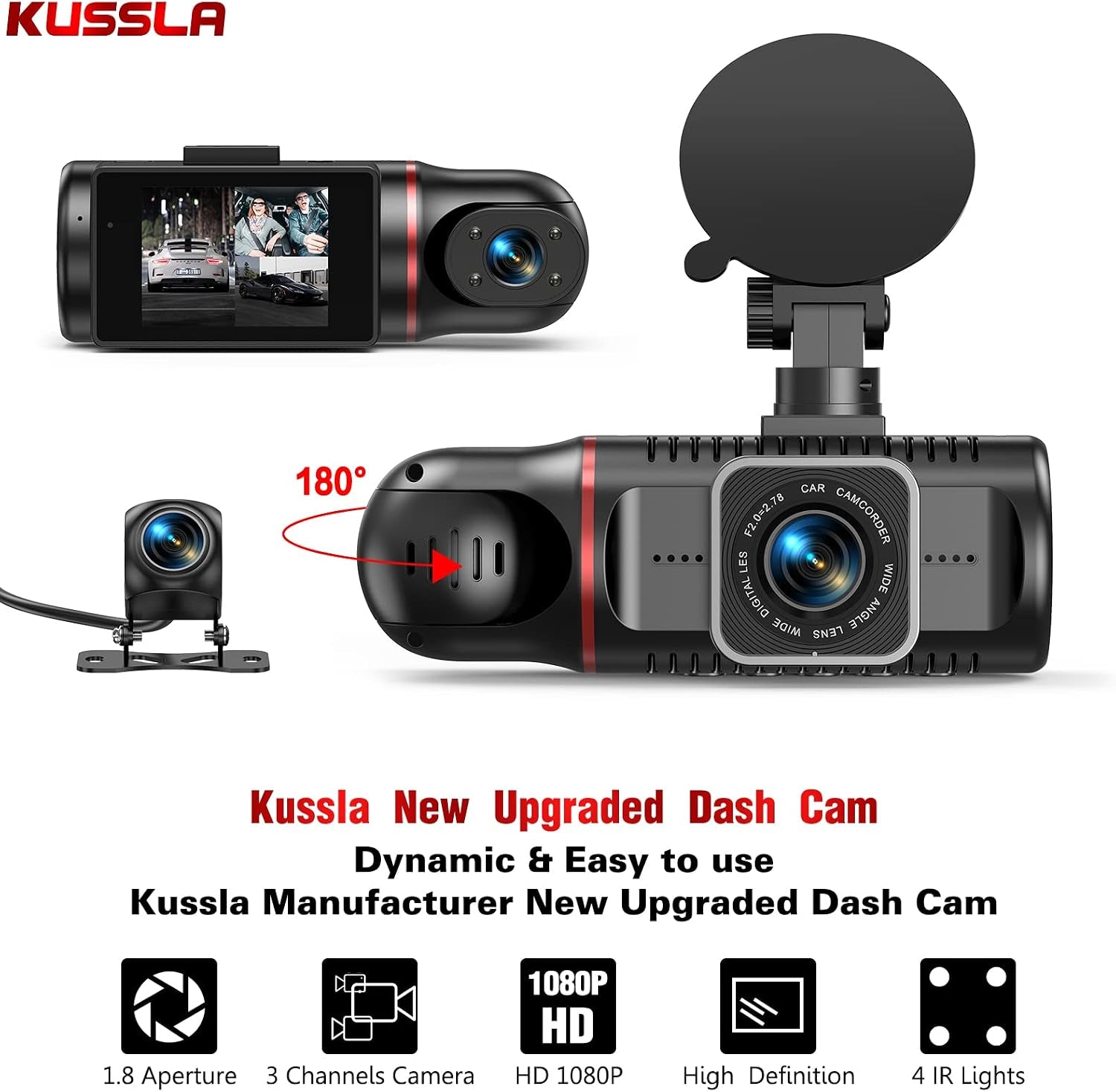 Dash Cam Front and Rear Inside, 1080P 3 Channel Dash Camera for Cars with 64GB Card, Super Night Vision Dashcam, Car Camera with Loop Recording, G-Sensor, WDR, 24H Parking Monitor
