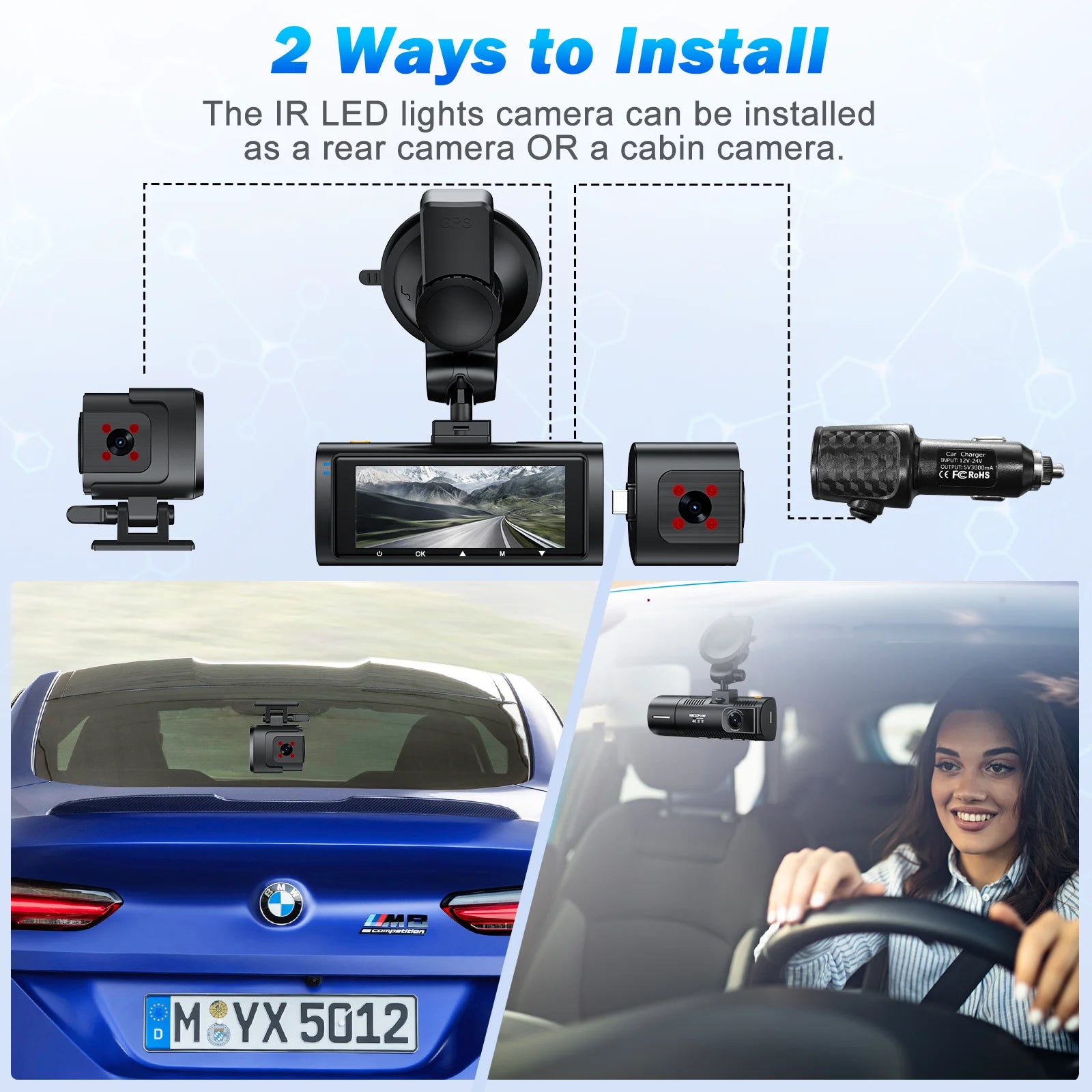 NEXPOW Dash Cam Front and Rear, 4K Full HD Dash Camera with Built-In Wifi GPS, Super Night Vision, WDR, 24H Parking Mode, 32GB Card Included