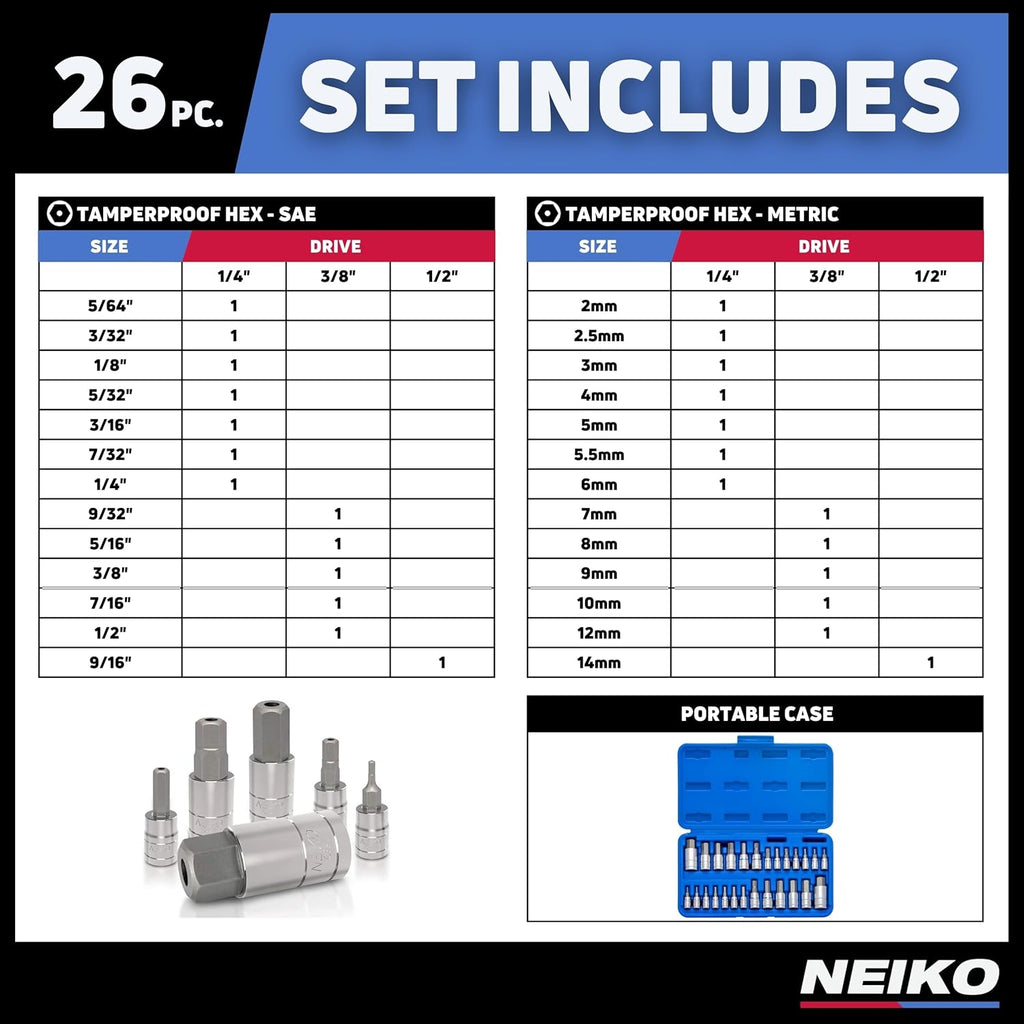 Neiko 01144A 26-Piece Tamper-Proof Hex Bit Socket Set - SAE & Metric Sizes for Ultimate Versatility