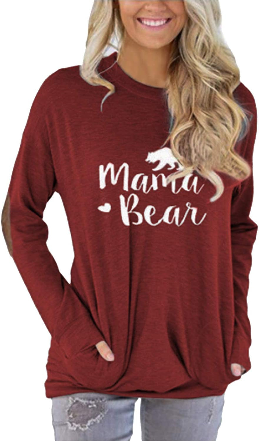 Pink Queen Women'S Mama Bear Shirt Batwing Sleeve Patches Top Wine Red Size M