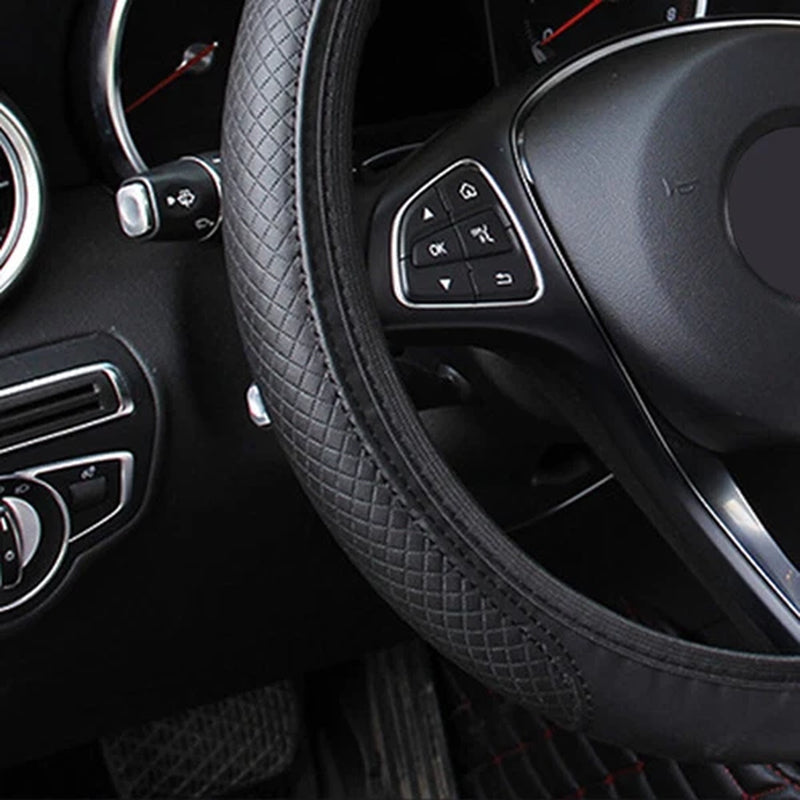 Premium Black Leather Steering Wheel Cover for 15" (37-38CM) - Enhanced Grip Car Accessory