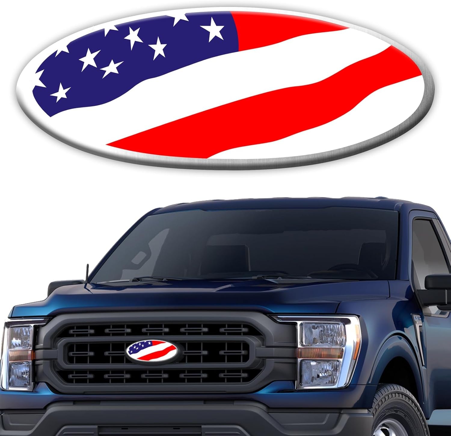 Premium Silver American Flag Tailgate Emblem for Ford F150 F250 F350 - 9 Inch Aluminum Oval Overlay Badge for Front Grill & Rear Tailgate