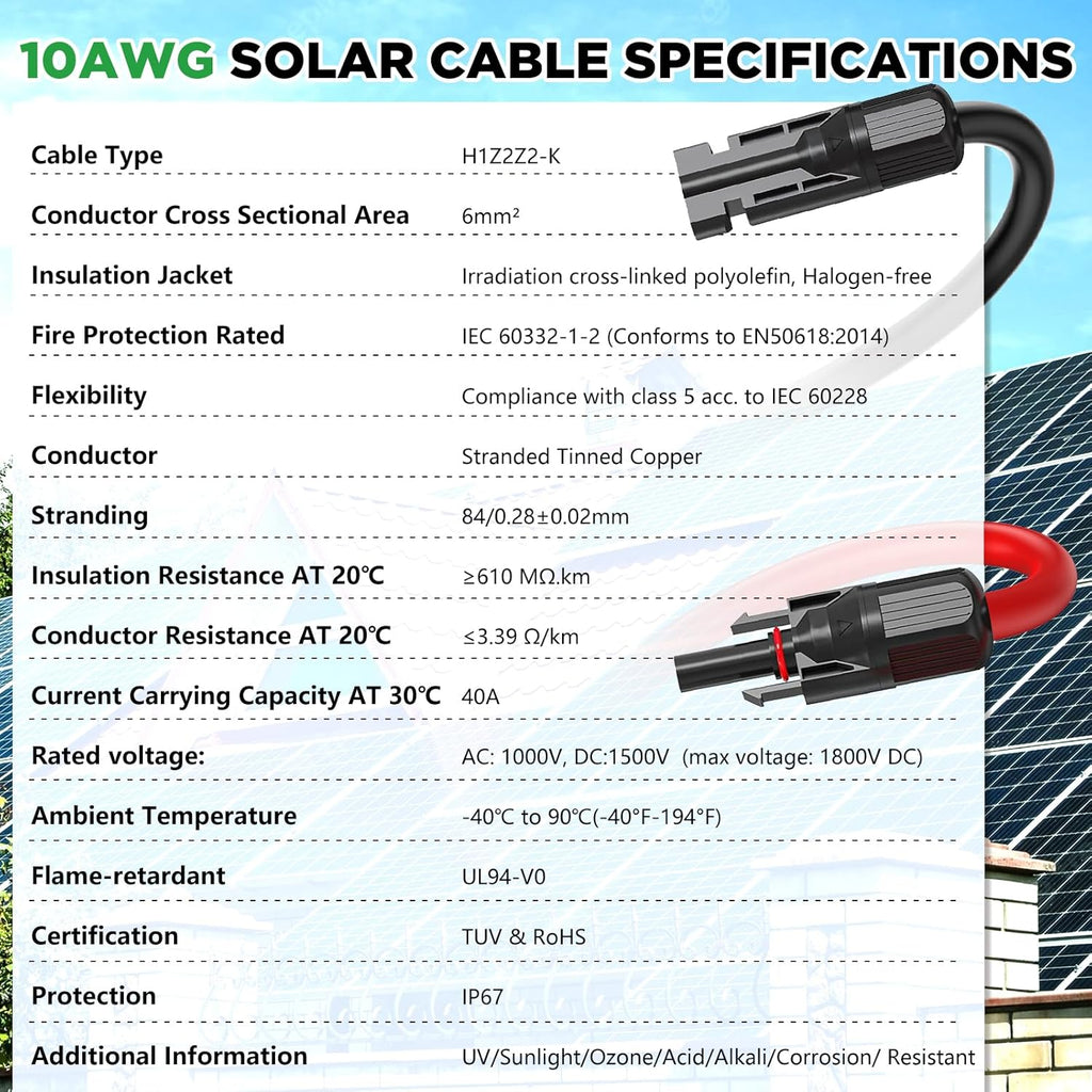 Oududianzi Solar Extension Cable 50Ft, Solar Wire 10AWG, 10 Gauge Tinned Copper PV Wire, Solar Panel Wires and Connectors for Home Roofs RV Boat Camping Solar Panels