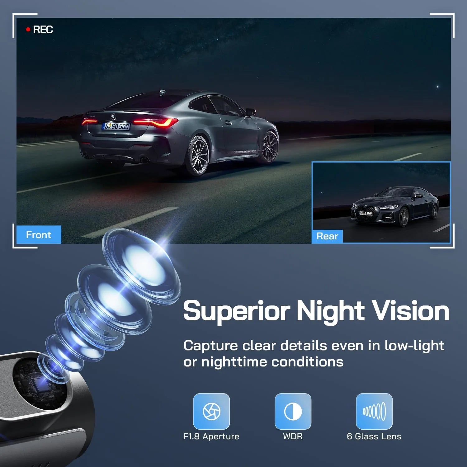4K Front and 1080P Rear Dual Dash Cam - 3" IPS Screen, 170° Wide Angle, Night Vision, G-Sensor, Loop Recording, Parking Monitor, 128GB Support