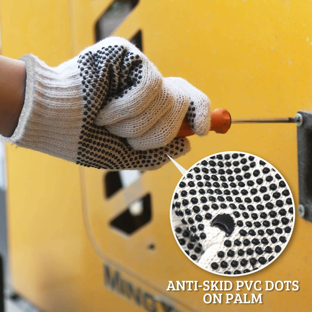 Evridwear L Size Cotton Polyester Safety Work Gloves - 12 Pairs for Painters, Mechanics, Gardeners & Construction Workers with Dotted Grip