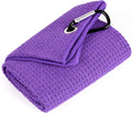 Mile High Life Tri-Fold Golf Towel | 16" X 24" | Premium Microfiber Fabric | Waffle Pattern | with Heavy Duty Carabiner Clip | for Men and Women (Purple)