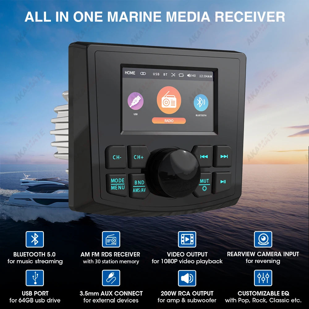 Marine Radio MP5 Boat Radio Stereo 3Inch Display Media Video Player Waterproof Bluetooth AUX AM FM RDS for ATV UTV SPA RZR