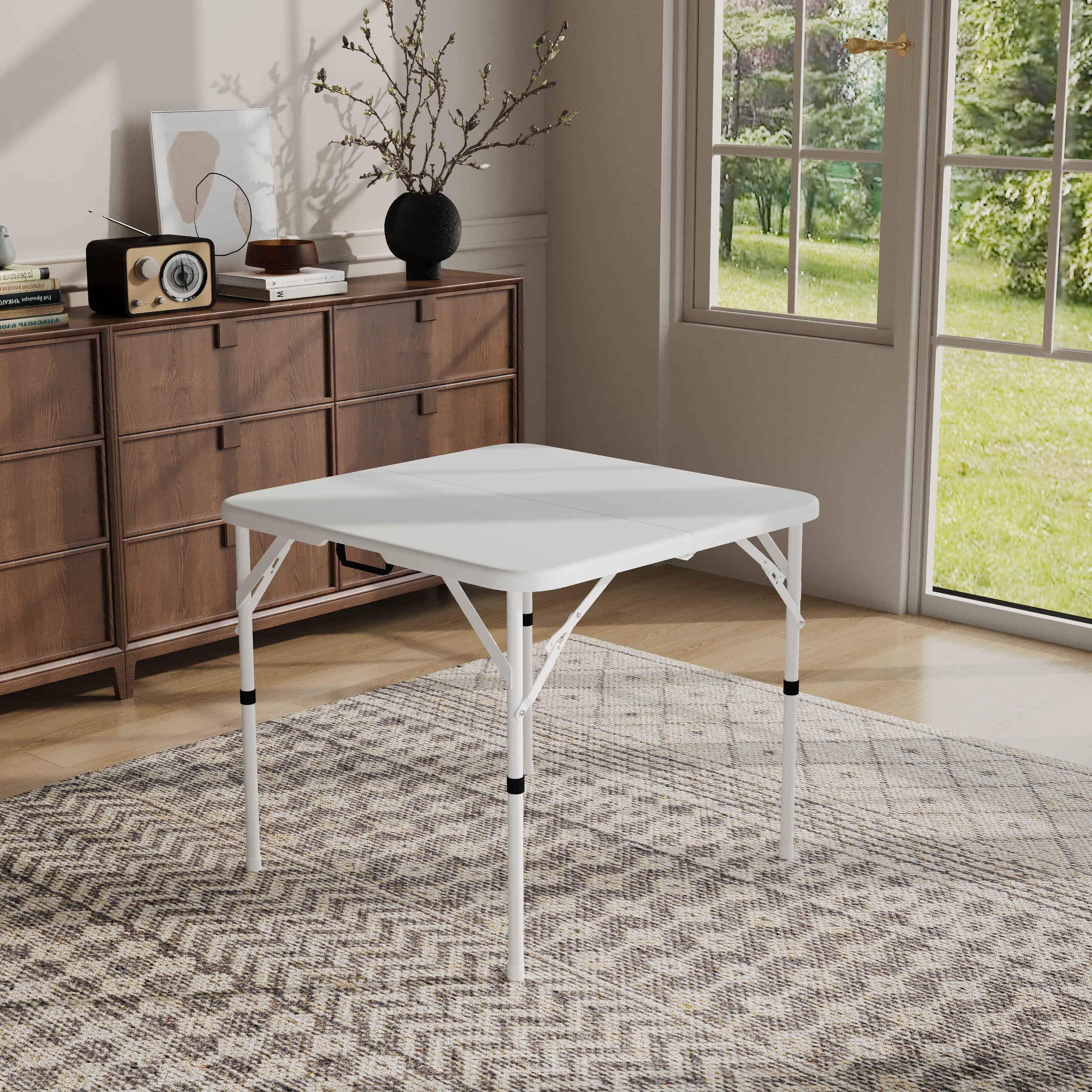34" Square Folding Table,Fold-In-Half Plastic Card Table,Picnic Party Event Dining Camp Table for Indoor Outdoor,White