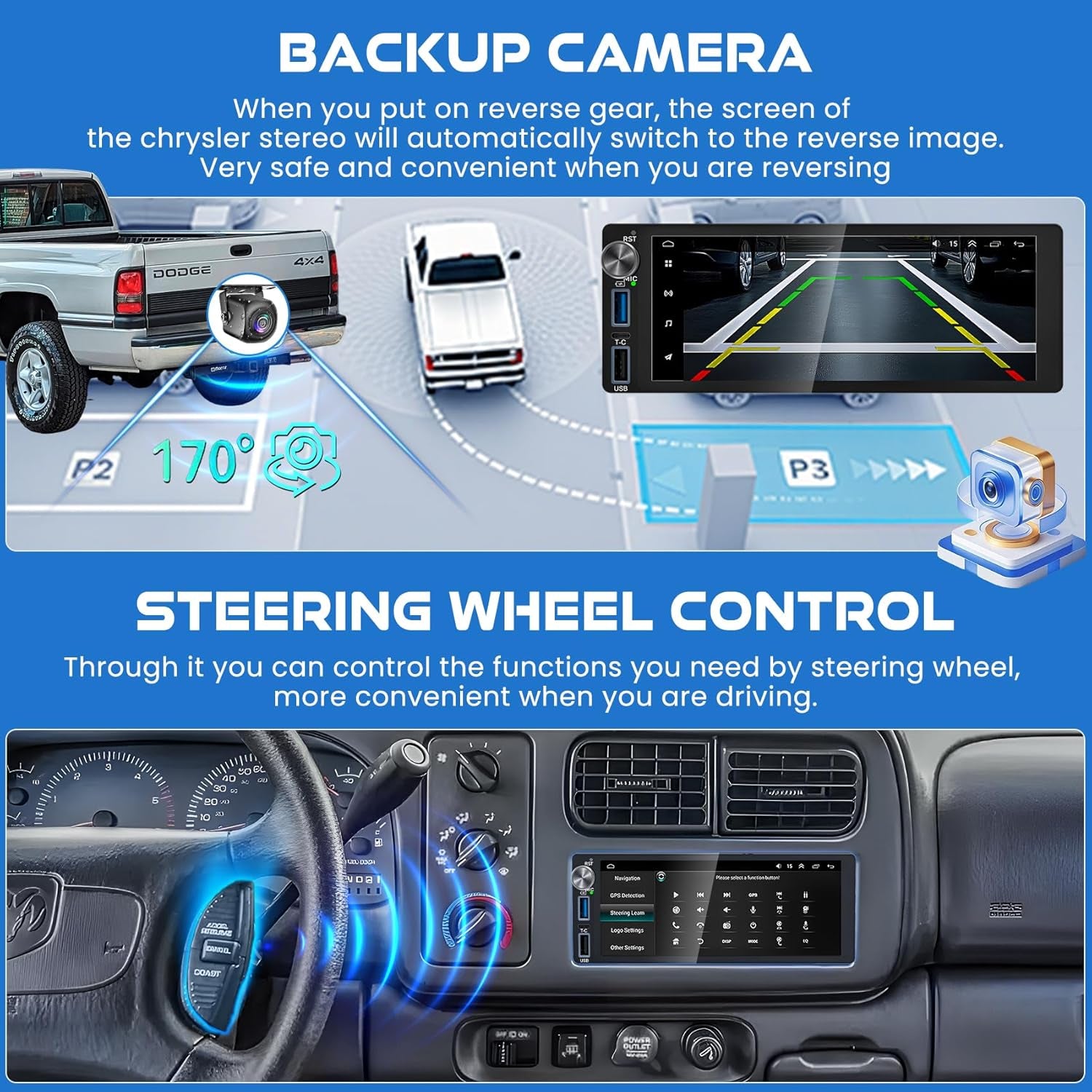 4G+64G Android 13 Car Radio for Dodge Ram (1994-2001)& Chrysler Town and Country (1990-2000) & Jeep Grand Cherokee (1993-1998), 6.2''Touch Screen Stereo with Wireless Carplay&Android Auto