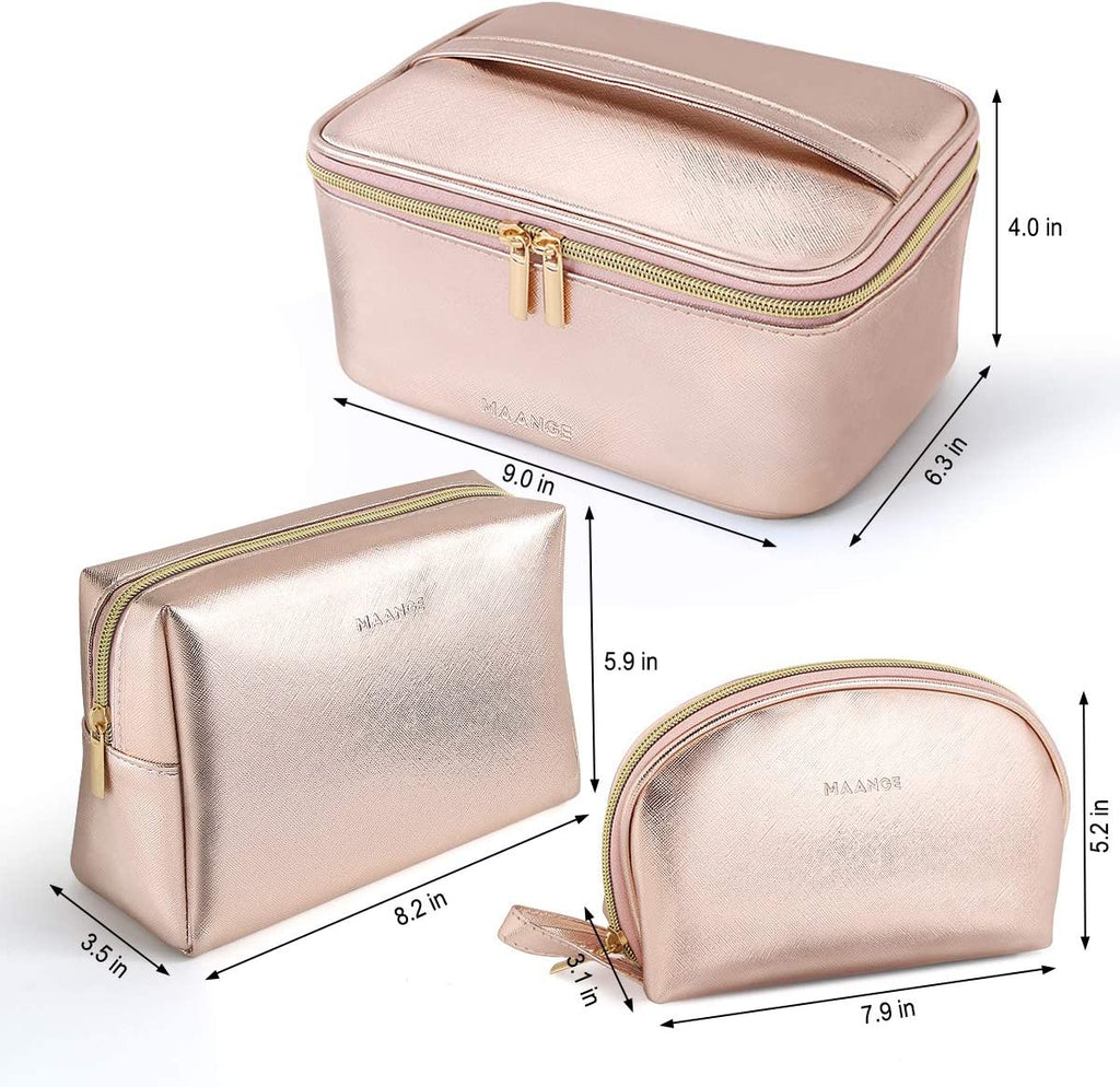 MAANGE 3 Pcs Makeup Bag Portable Travel Cosmetic Bag Large Makeup Bag Organizer with Gold Zipper Waterproof Toiletry Bags for Women and Girls(Rose Gold)