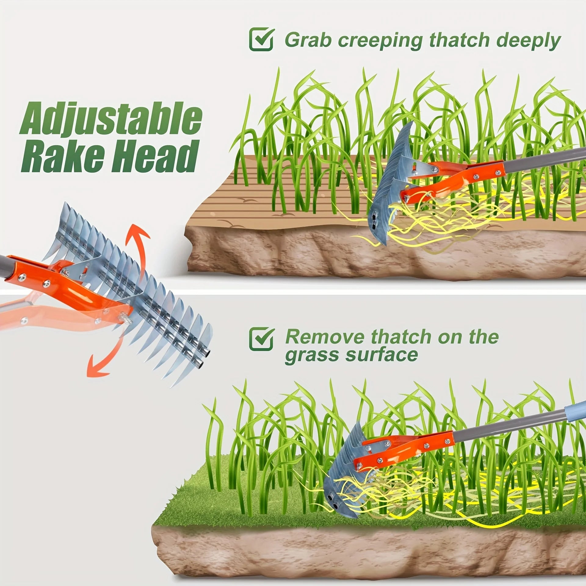 Versatile Grass Grooming Rake Lawn Thatching Rake Robust Dethatcher Rake for Cleaning Dead Grass, Yard Garden Durable Soil Rake